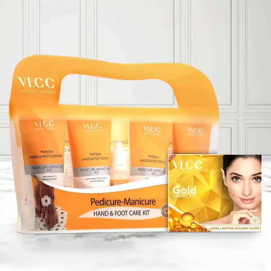 Radiant Gold Facial & Spa Kit from VLCC, featuring facial and pedicure products for glowing skin and pampered hands and feet.