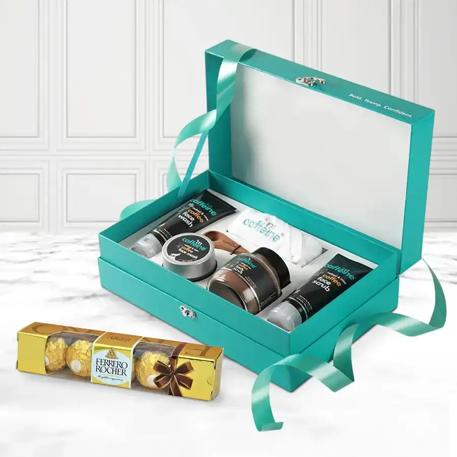 Coffee Mood Skin Care Gift Kit featuring tan removal, deep cleanser, body scrub, face wash, face scrub, face mask, and Ferrero Rocher chocolates.