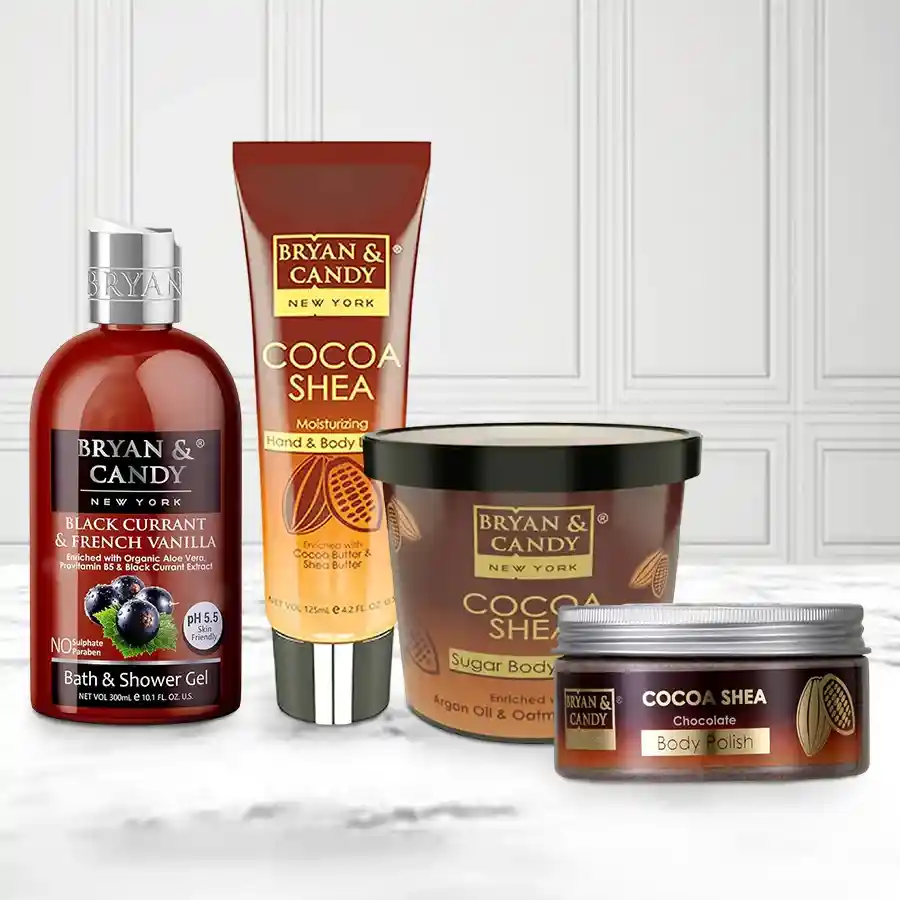 Charming Bryan N Candy New York Cocoa Shea Bath Tub Kit featuring bath gel, lotion, body polish, and sugar scrub for ultimate relaxation.