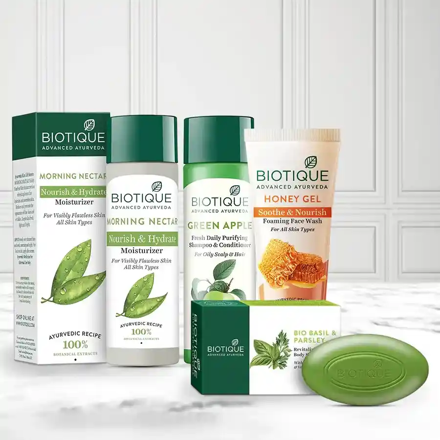 Biotique Daily Care Gift Set featuring facewash, soap, shampoo, and lotion, beautifully packaged for gifting.