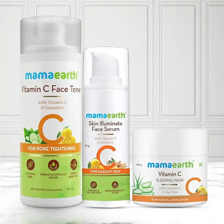 Mamaearth Night Regime Skin Care Combo featuring Vitamin C Sleeping Mask, Face Serum, and Face Toner for all skin types.
