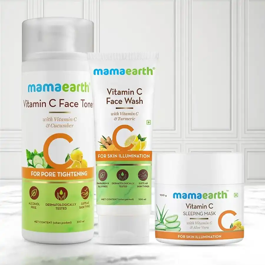 Mamaearth Overnight Skin Glow Combo featuring Vitamin C Face Wash, Toner, and Sleeping Mask for radiant skin.