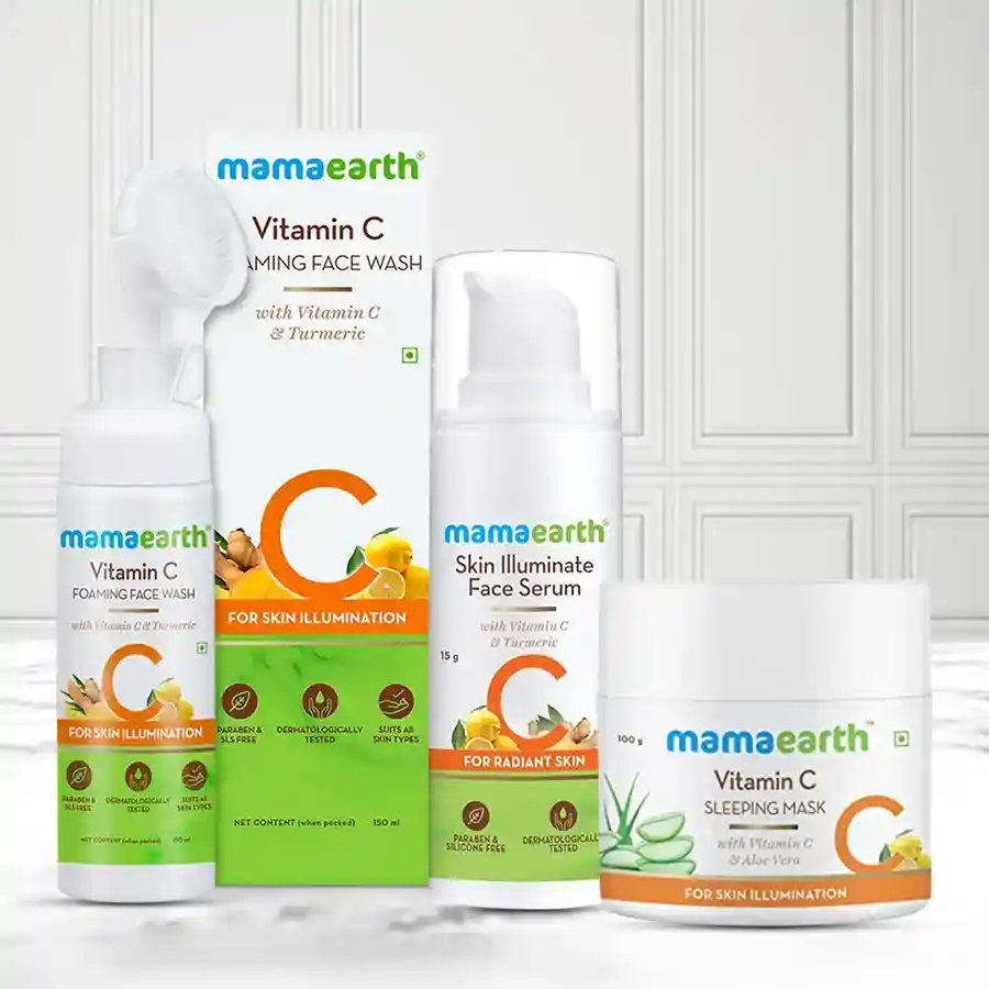 Mamaearth Daily Skin Care Set featuring Vitamin C Sleeping Mask, Serum, and Foaming Face Wash for radiant and healthy skin.