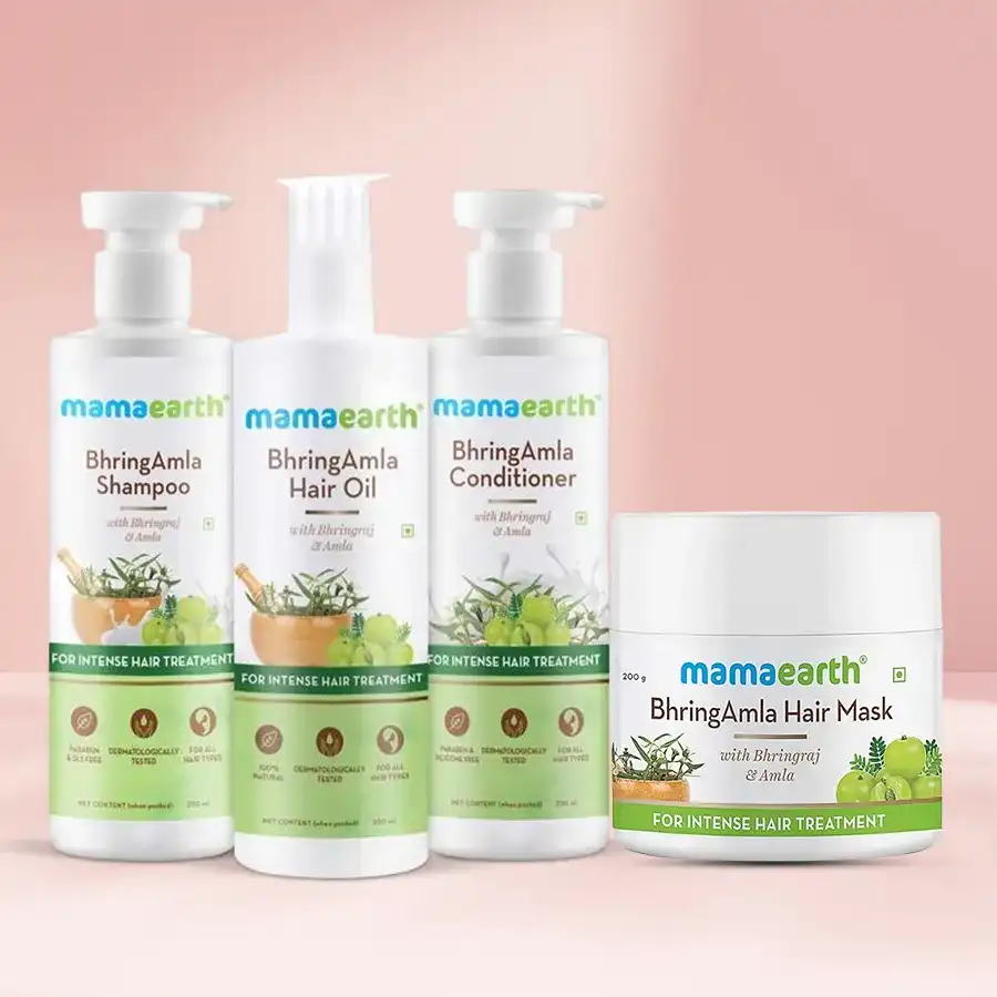 Mamaearth BhringAmla Hair Care Kit featuring hair mask, oil, and shampoo for nourishing and strengthening hair.