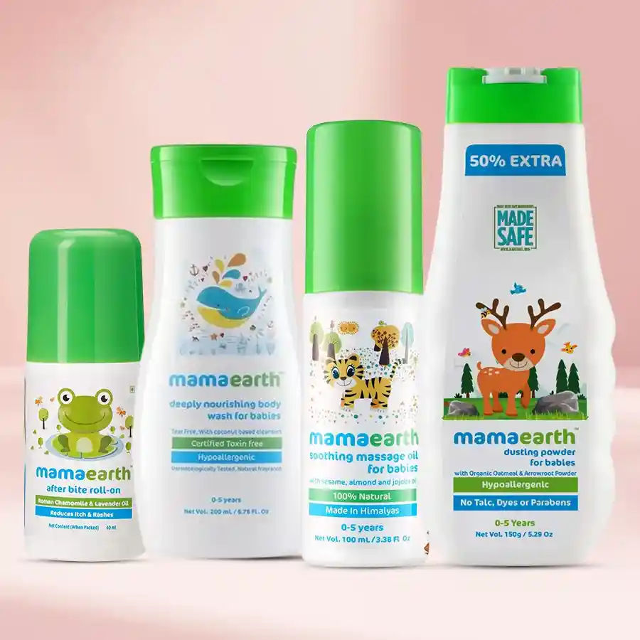 Mamaearth Baby Care Set including After Bite Roll On, Body Wash, Massage Oil, and Dusting Powder for gentle baby care.