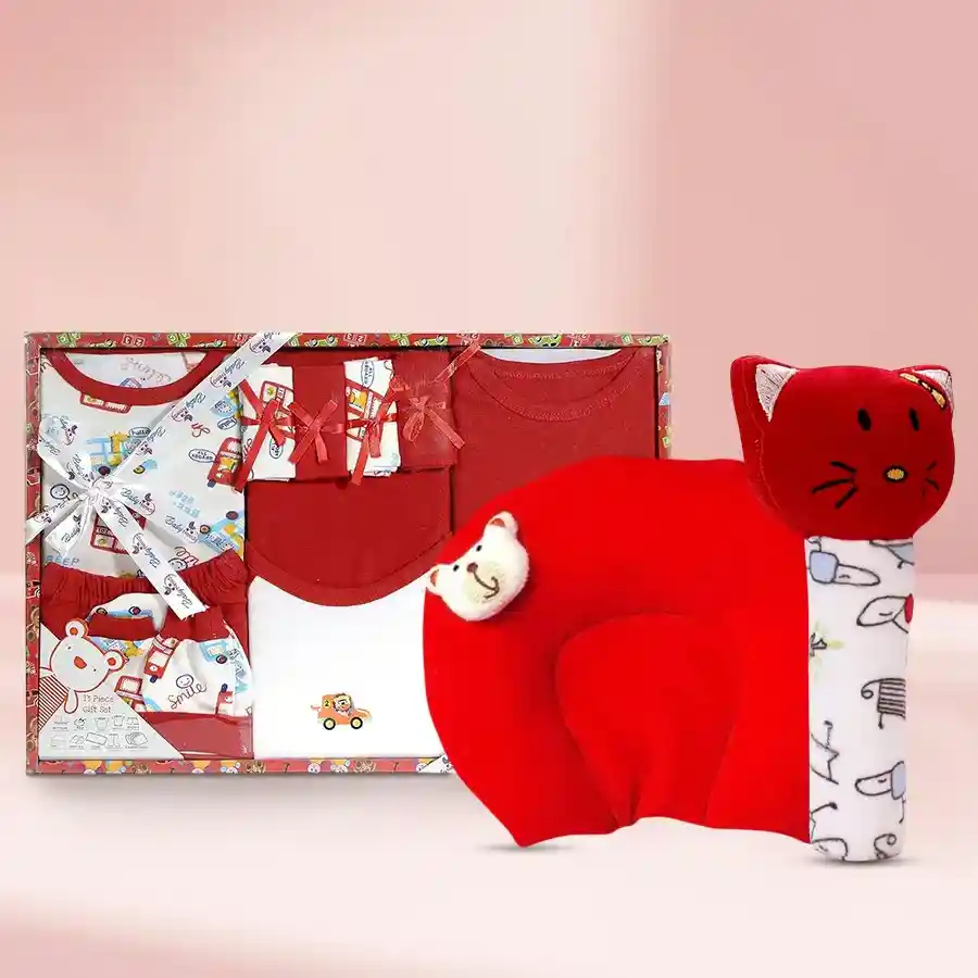 Charming Toddler Dress Set with Neck Supporting Pillow and Soft Toy in red, designed for ages 1-3 months, made in India.
