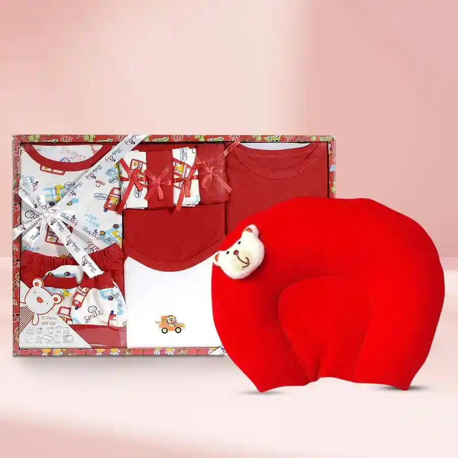 Adorable red dress and soft neck support pillow set for babies, ideal for ages 1-3 months, featuring cotton dress and velvet pillow filled with mustard seeds.