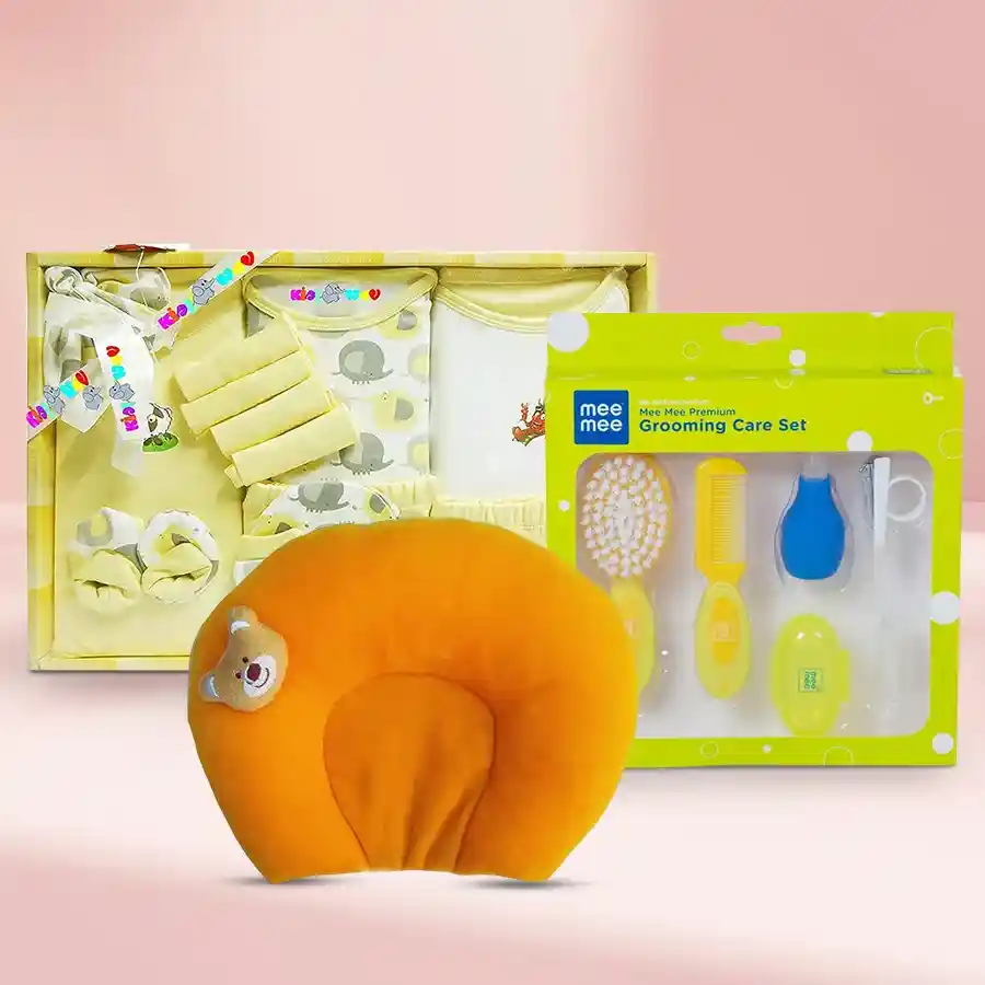 Adorable Baby Gift Set Combo featuring a yellow dress set, grooming kit, and soft neck pillow for infants. Ideal for comfort and style.