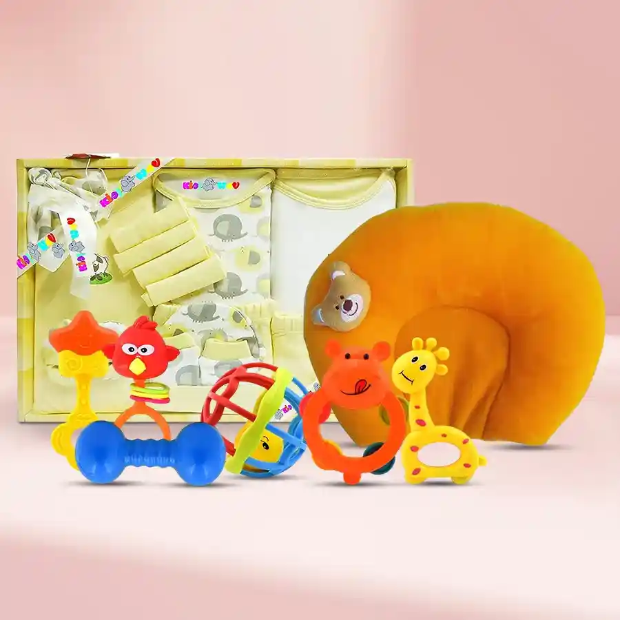 Adorable Baby Gift Combo Set with dress, neck pillow, and rattles in yellow and multicolor for infants.