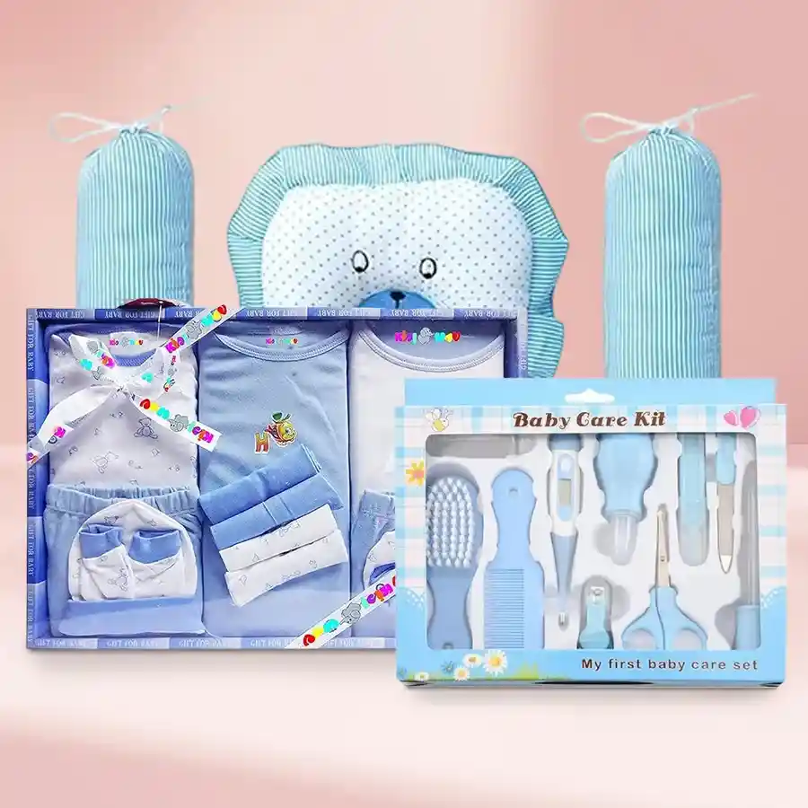 Delightful Baby Boy Gift Set featuring a dress set, grooming kit, and head pillow, perfect for newborns and thoughtful gifting.