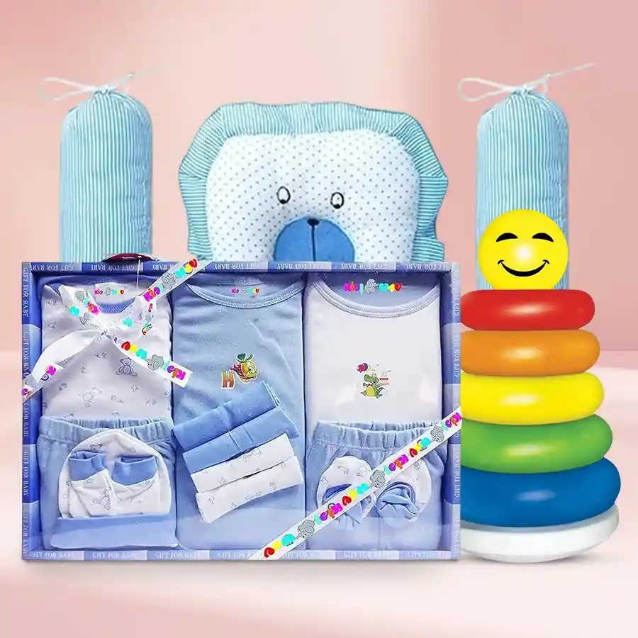 Adorable Baby Outfit and Accessories Set featuring a blue dress, colorful Littles Junior Ring, and sky blue cotton pillows for infants.