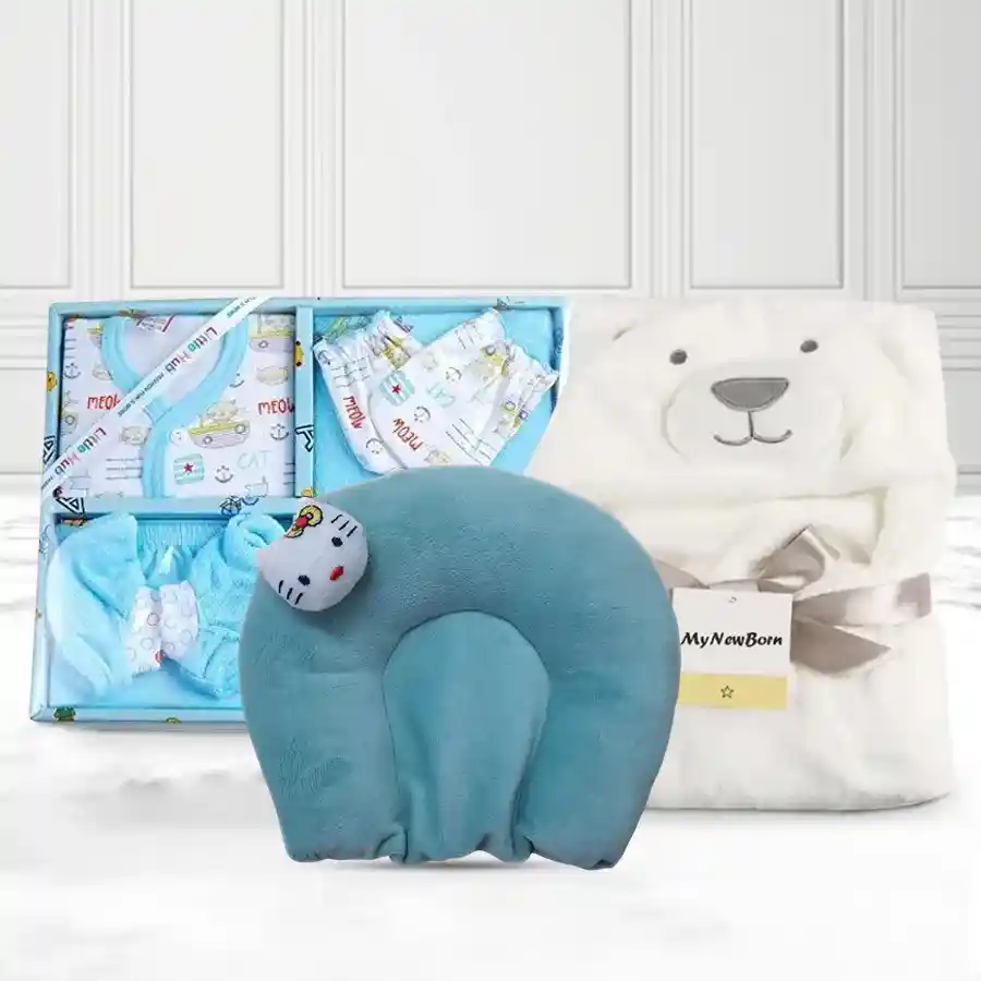 Charming gift set for baby boys, including a dress set, blanket, and neck pillow, designed for comfort and style for newborns.