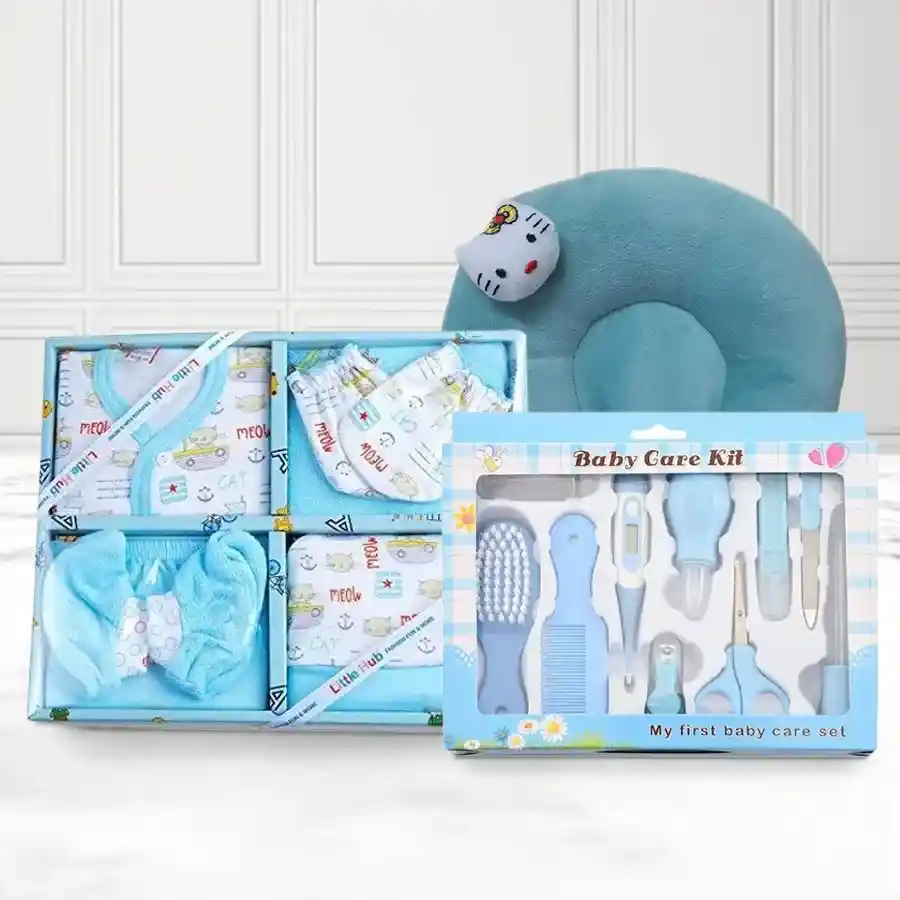 Charming Blue Baby Dress Set featuring a 6-piece outfit, grooming kit, and soft neck pillow for infants, designed for comfort and style.