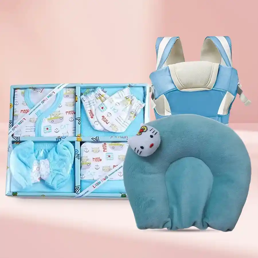 Adorable Baby Essentials Gift Set including a dress set, baby carrier, and soft neck pillow for newborns, all in lovely colors and materials.