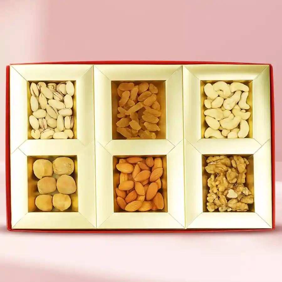 A beautifully arranged box of assorted dry fruits including raisins, cashews, almonds, and khurmani, perfect for gifting to your father.