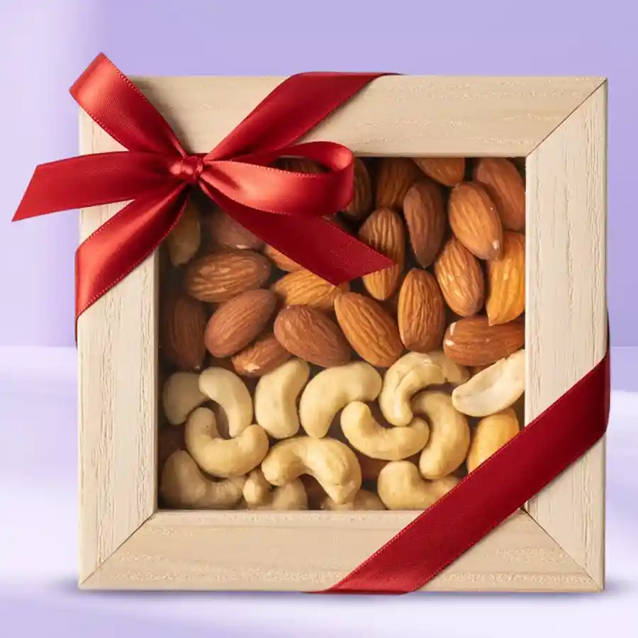 Luxurious Cashew and Almond Gift Box featuring crunchy almonds and creamy cashews in a reusable square wooden box.