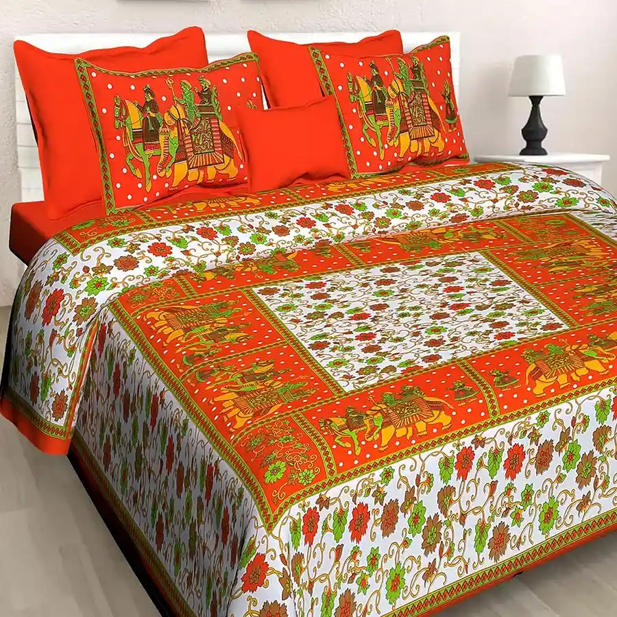 Classic Rajasthani Print Queen Bed Sheet and Pillow Cover Set in vibrant floral design.