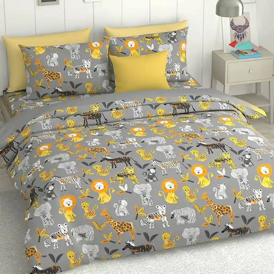 Vibrant animal print single bed sheet and pillow cover set for kids.