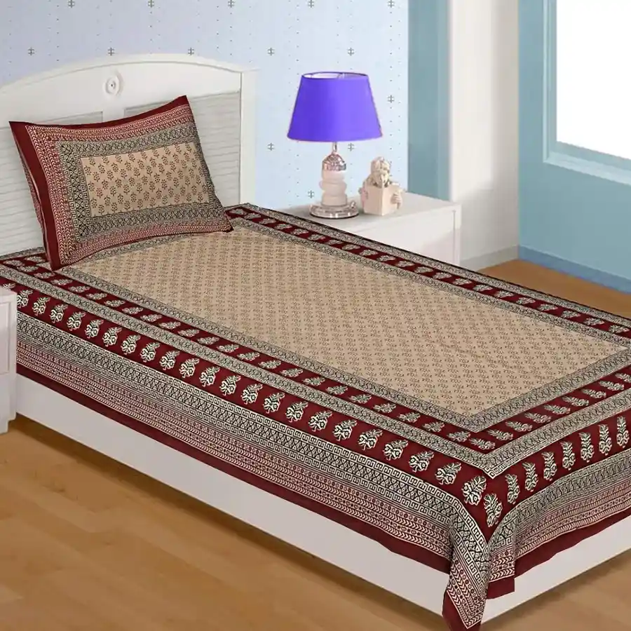 Marvellous Jaipuri Print Single Bed Sheet with Pillow Cover in Mahroon color, made from skin-friendly cotton, showcasing traditional Rajasthani design.