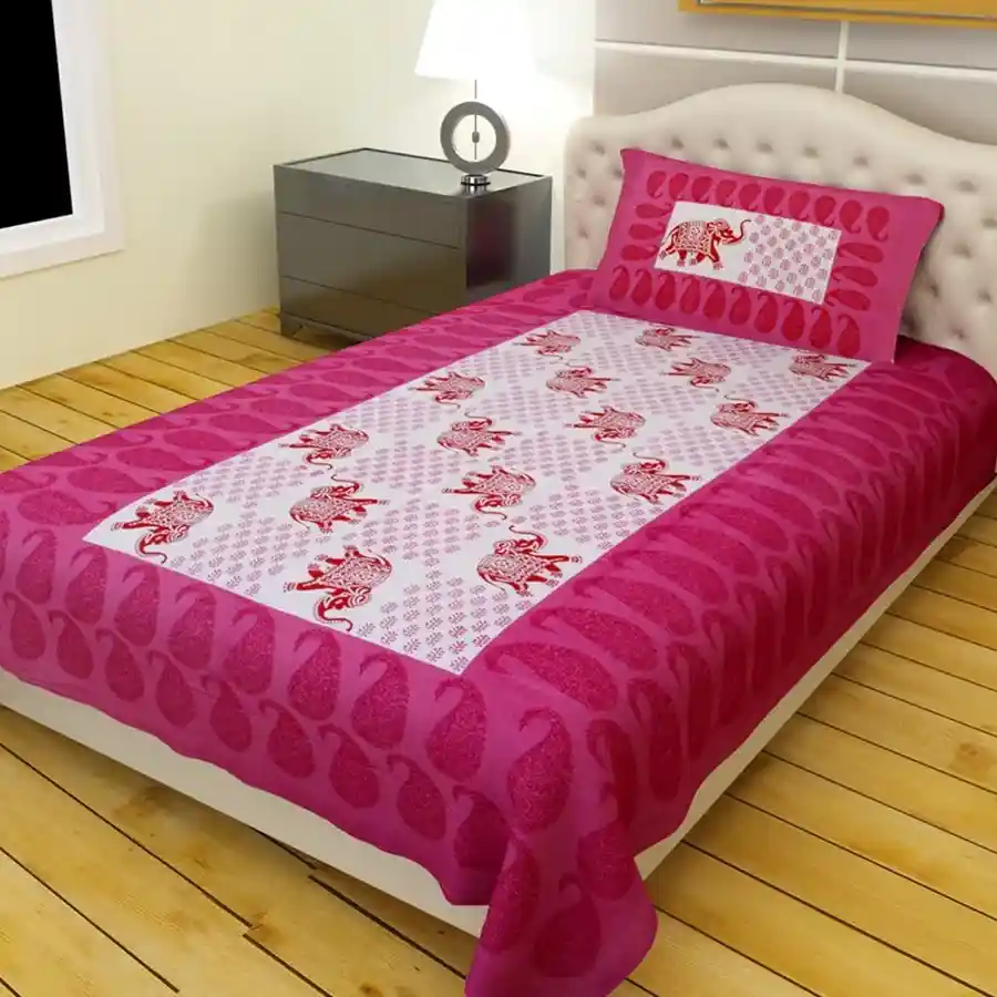 Rajasthani Print Single Bed Sheet and Pillow Cover Combo in pink.