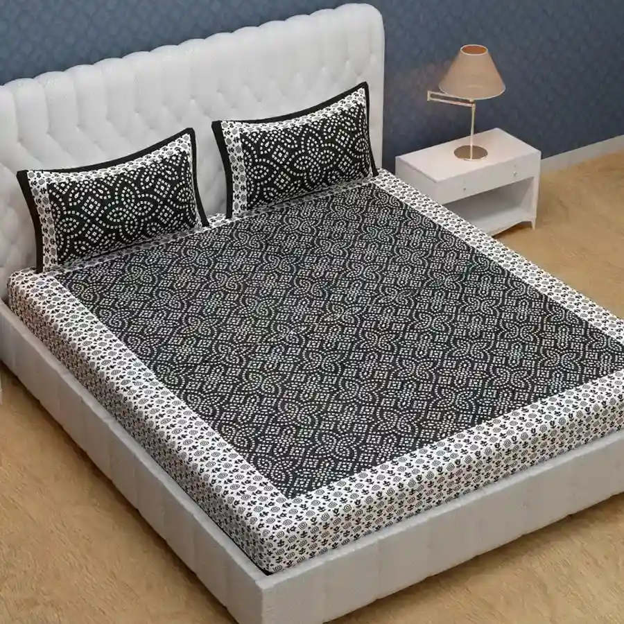 Rajasthani Print Double Bed Sheet and Pillow Cover Set in black and white floral design.