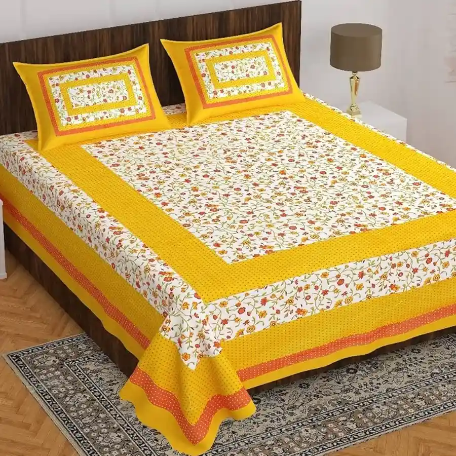 Elegant Rajasthani Print Double Bed Sheet and Pillow Cover Combo in yellow and white floral design, made from soft cotton.