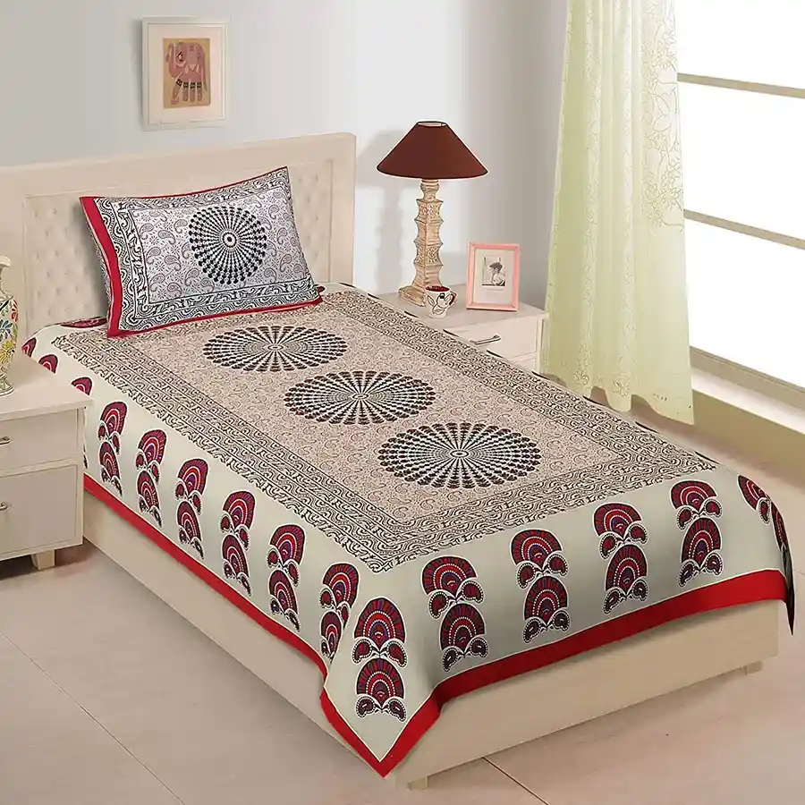 Rajasthani Print Single Bed Sheet and Pillow Cover Combo in red cotton.