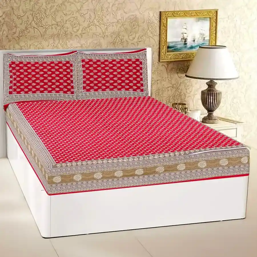 Rajasthani Traditional Print Double Bed Sheet and Pillow Cover set in vibrant red, made from 100% cotton, perfect for adding cultural elegance to your bedroom.