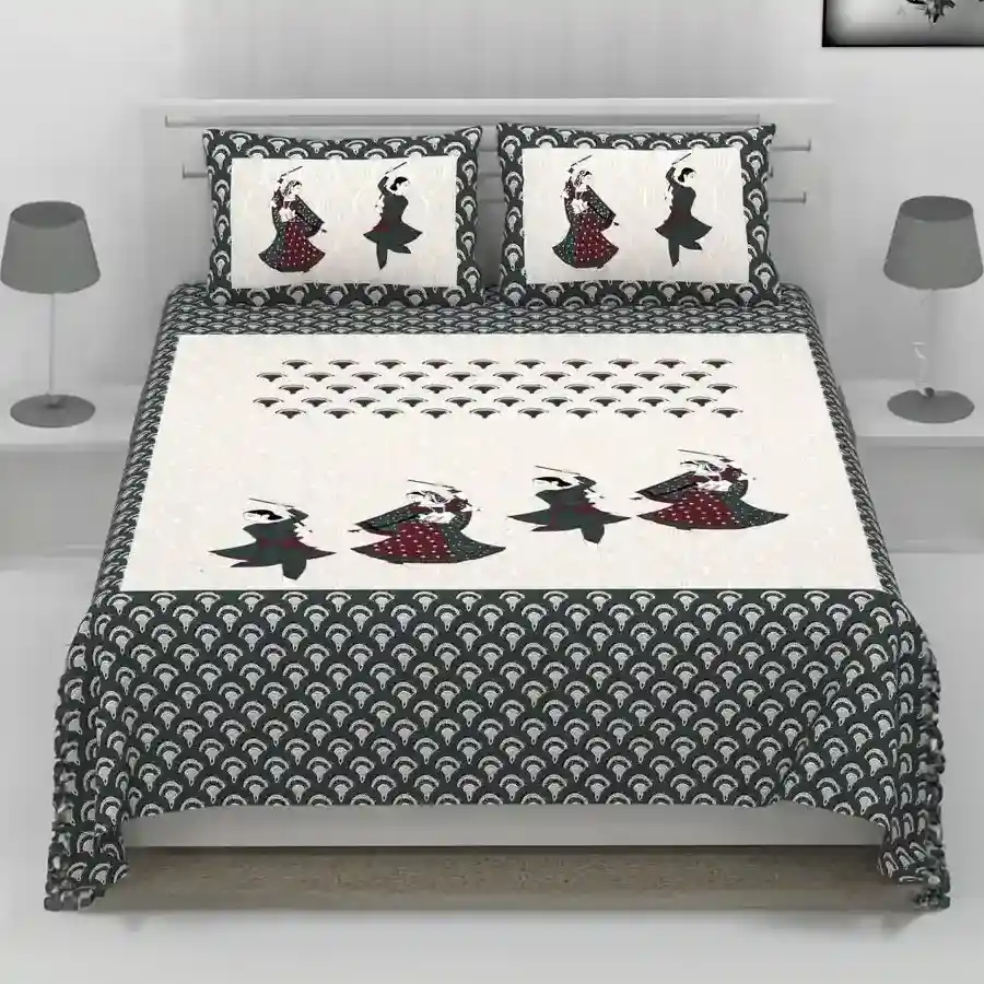 Elegant Jaipuri Print Double Bed Sheet and Pillow Cover Set in grey cotton.