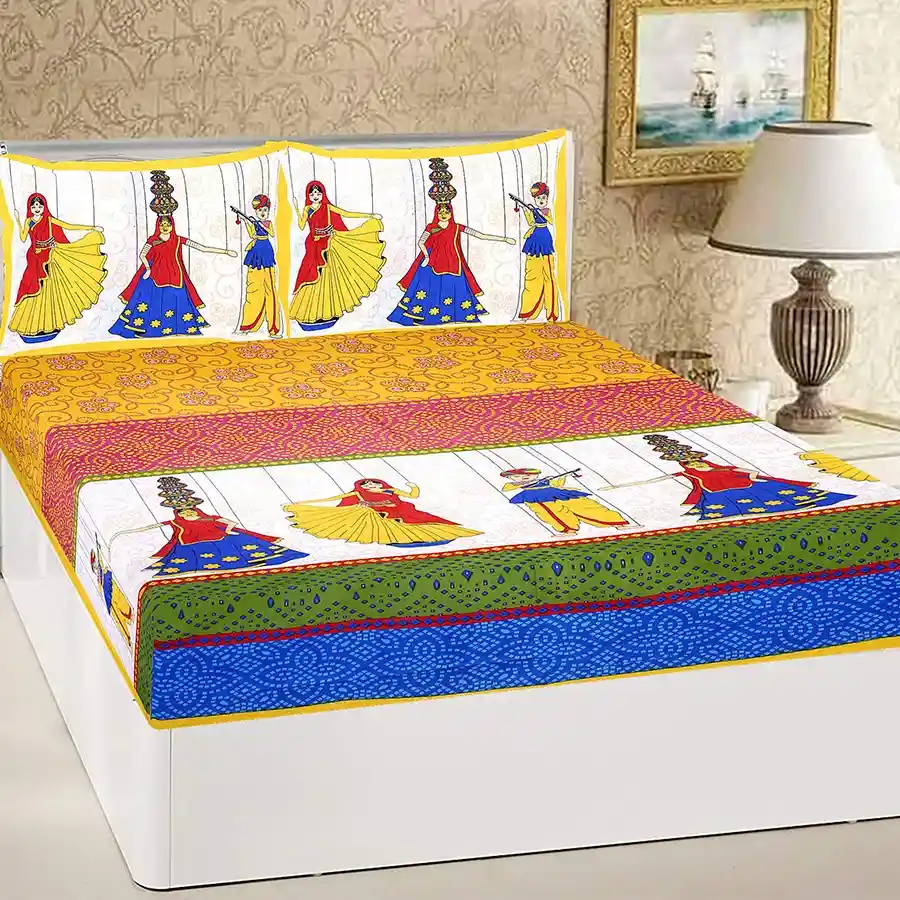 Rajasthani Print Double Bed Sheet and Pillow Cover Set in yellow.