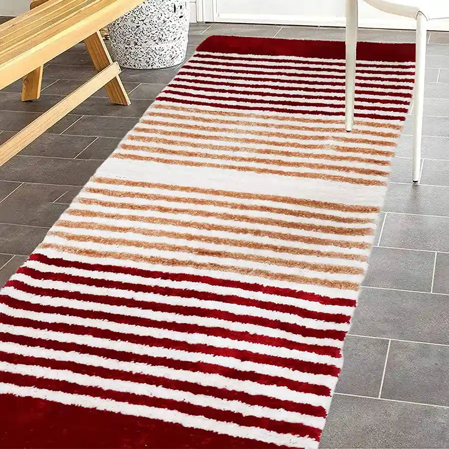 Cozy Modern Striped Bedside Runner in maroon, plush polyester shaggy design, 50 x 150 cm, with antiskid features.