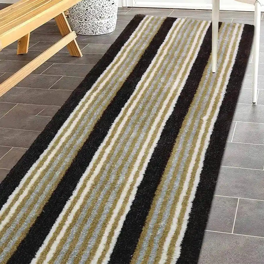 Cozy maroon striped shaggy bedside runner made of microfiber polyester, measuring 50 x 150 cm, featuring an anti-skid backing and machine washable design.
