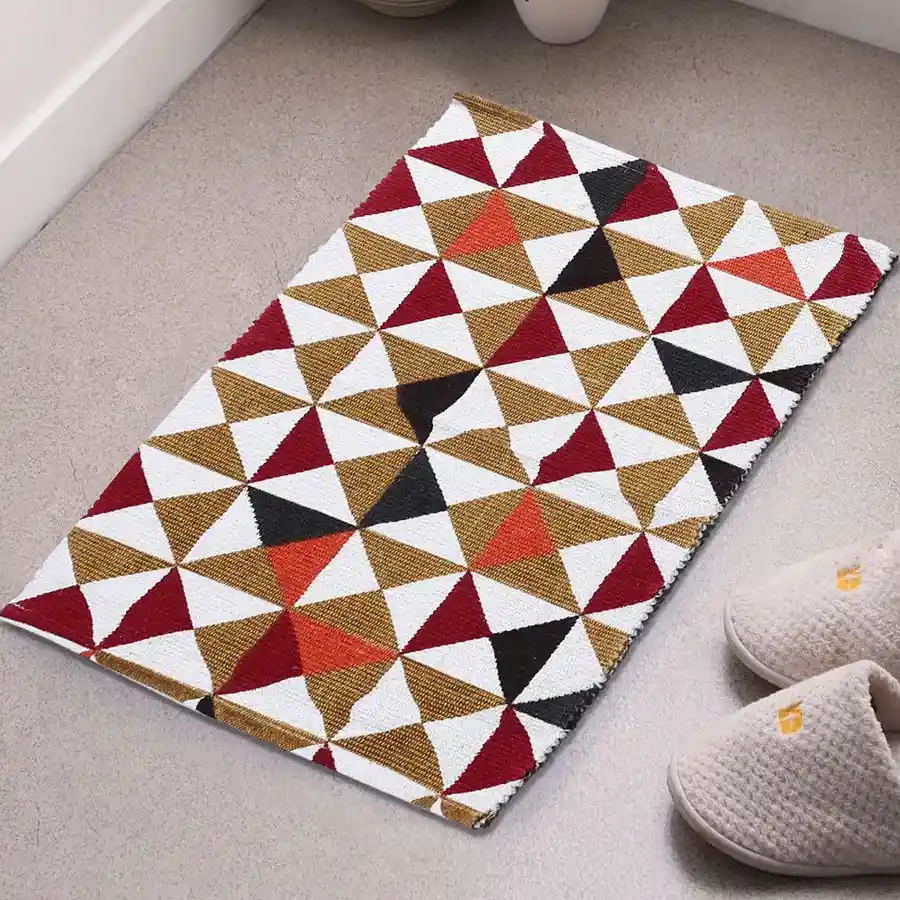 Set of 2 vibrant red and yellow striped modern cotton rugs, hand-loomed and anti-skid, perfect for home decoration.