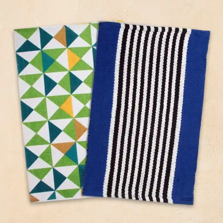 Chic set of two modern cotton printed rugs in blue and green, hand-loomed and washable, ideal for enhancing home decor.