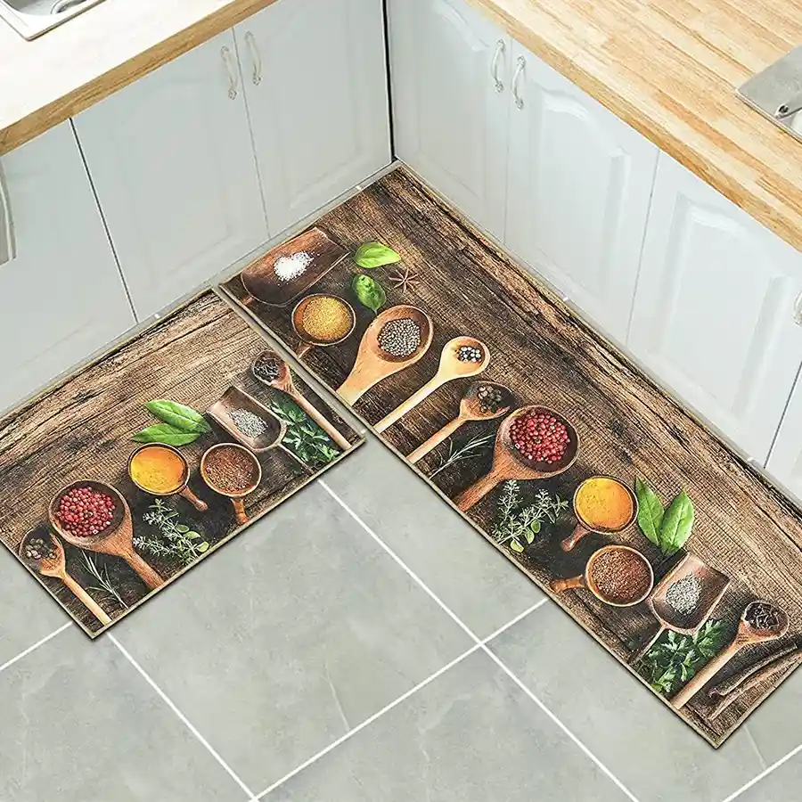 Cozy Cloud Rubber Printed Kitchen Mat in brown, rectangular, anti-skid, washable, perfect for kitchen comfort and style.