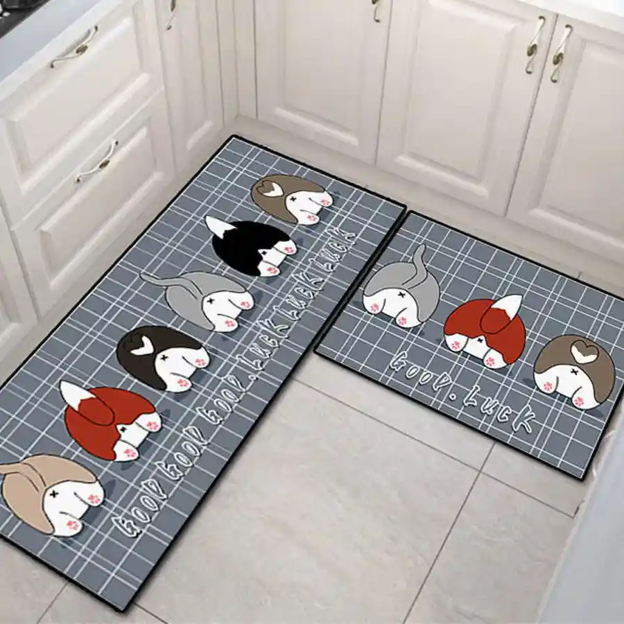 Cozy Cloud Rubber Anti-Slip Mat with Good Luck print on grey base, perfect for home safety and decor.