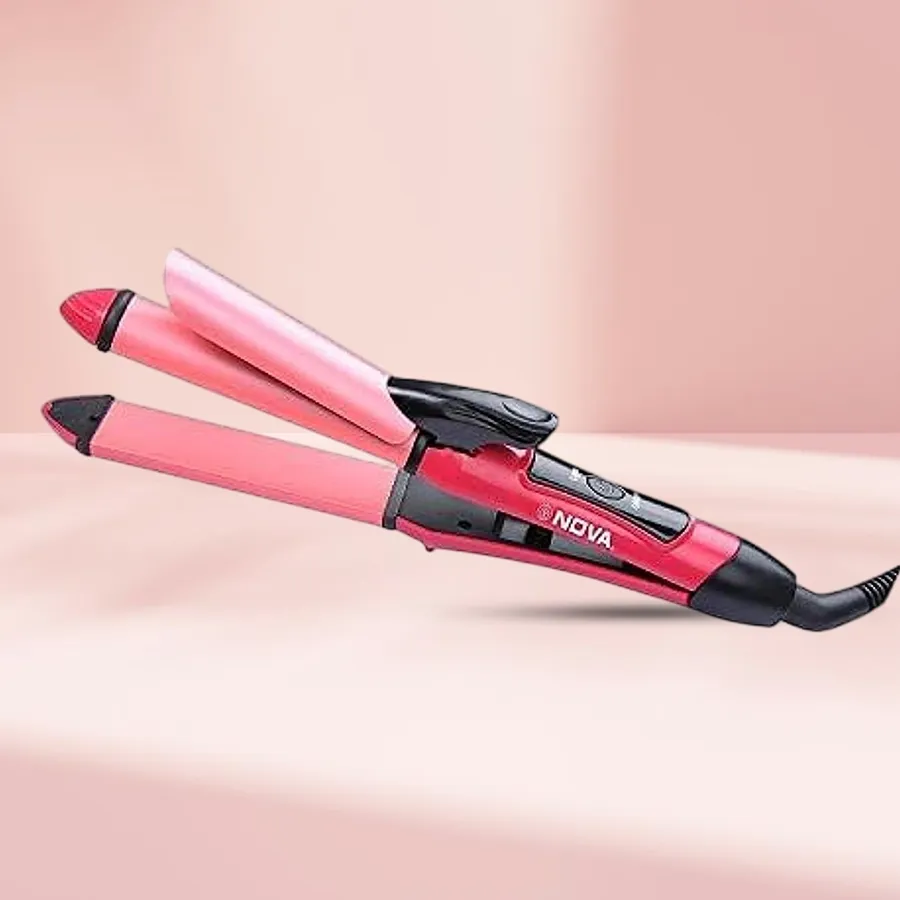 Eye-catching Nova 2-in-1 hair straightener designed for women with EHD+ Technology, curl function, and locking option for versatile styling.