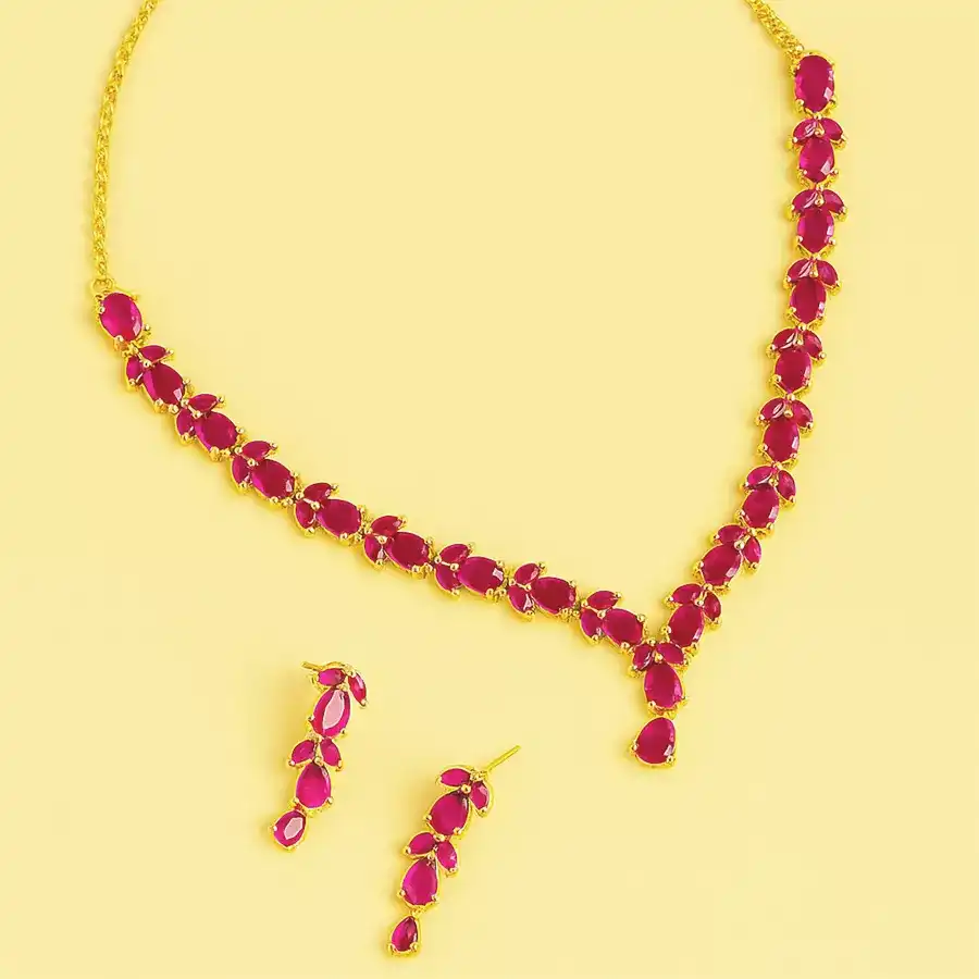 Elegant Ruby Jewelry Set with necklace and matching earrings showcasing deep crimson rubies.