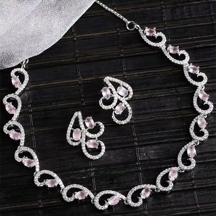 Elegant Rhodium-Plated Necklace and Drop Earrings Set with Cubic Zirconia