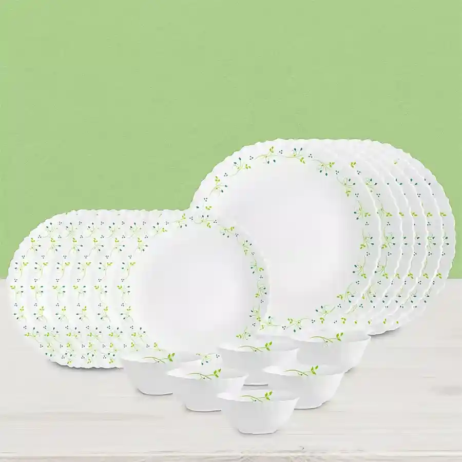 Cello Tropical Lagoon Dinner Set featuring 18 durable opalware pieces, perfect for elegant dining and practical use.