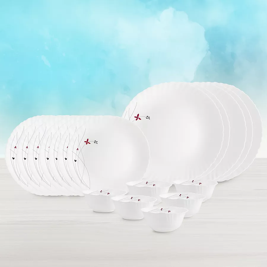 Elegant Cello Lush Fiesta Opalware Dinner Set featuring 18 durable pieces including full plates, quarter plates, and veg bowls, ideal for stylish dining.