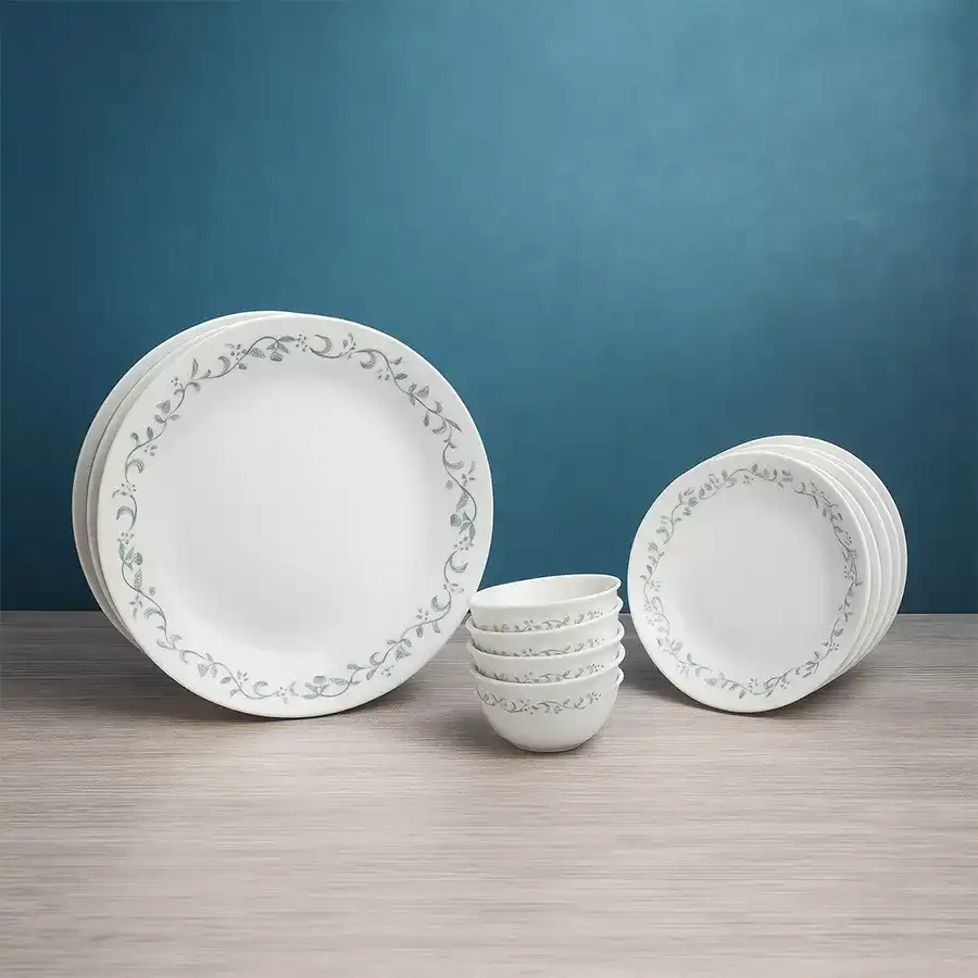 Charming Corelle Country Cottage Dinner Set with white and green design, includes dinner plates, small plates, and katoris.