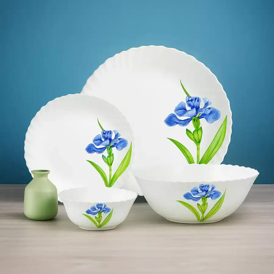 27-piece Elegant LaOpala Royal Iris Classic Collection Dinner Set in vibrant multicolor, showcasing opalware material and versatile features.