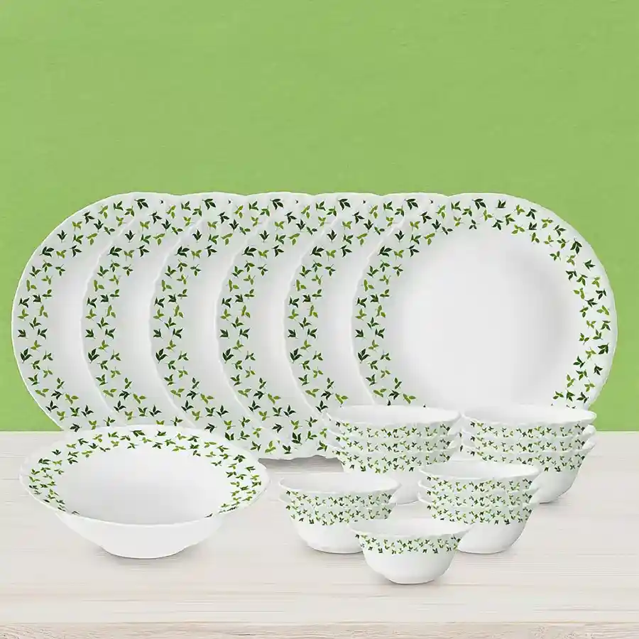 Elegant Borosil Dinner Set with opalware, featuring 19 pieces including full plates, multipurpose bowl, and assorted veg bowls.