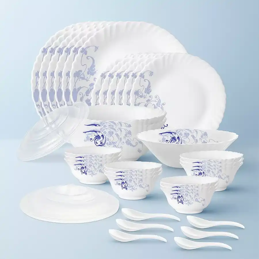 Elegant Blue Eve Dinner Set by Larah, 35-piece opalware collection with full plates, bowls, and spoons, ideal for stylish dining.
