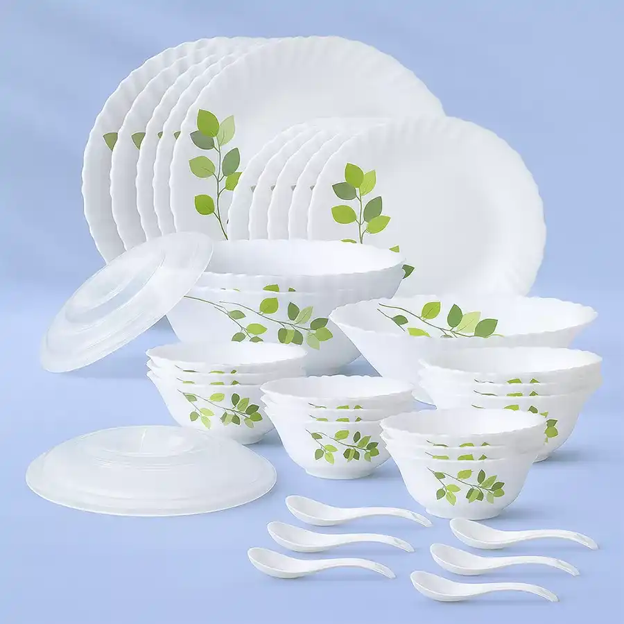 Elegant Green Leaves Dinner Set by Lovely Larah, featuring opalware glass, includes plates, bowls, and utensils, perfect for stylish dining.