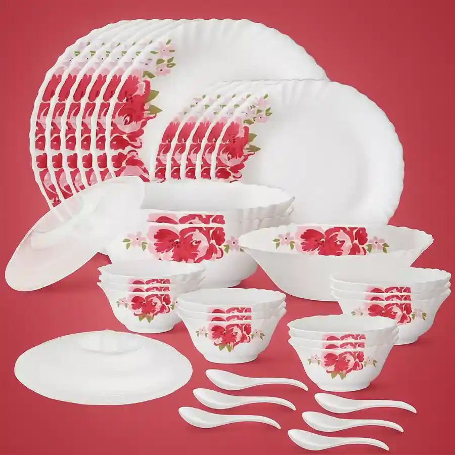 Elegant Rose Red Dinner Set by Larah featuring 35 durable opalware pieces for stylish dining.