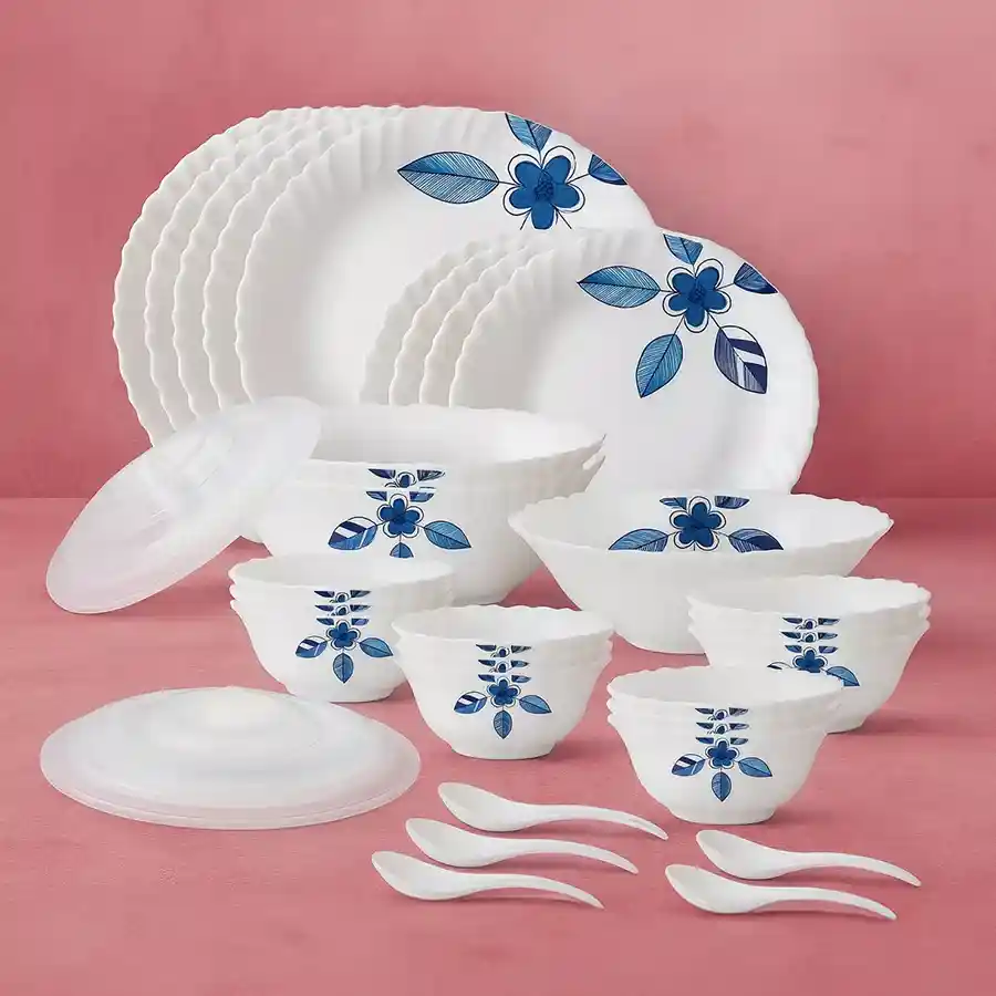 Elegant Morning Glory Dinner Set by Larah, featuring 35 pieces of durable opalware glass in white, perfect for stylish dining experiences.