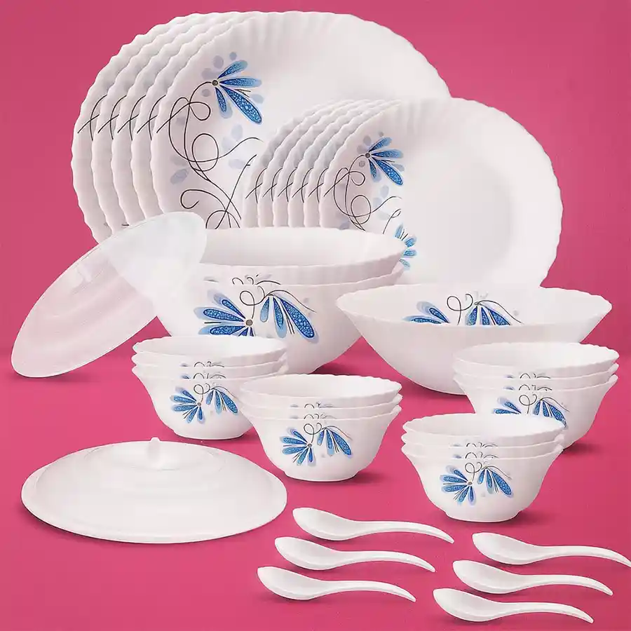 Elegant Twilight Silk Dinner Set by Larah with 35 opalware pieces, perfect for stylish dining and special occasions.