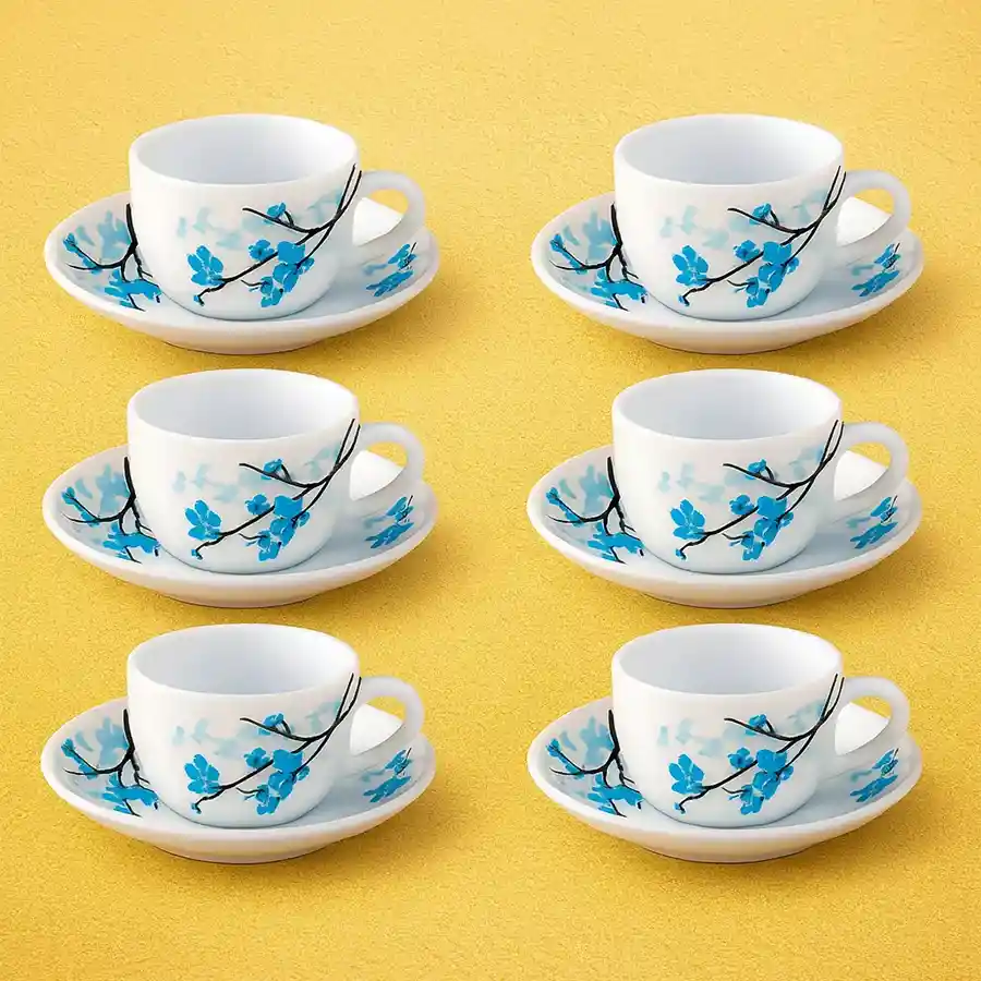 Elegant 12pc Cup & Saucer Set in white and blue by Borosil, perfect for gifting and everyday use.